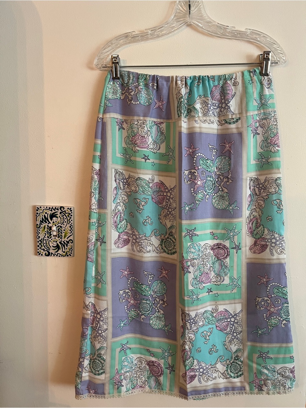 Vintage Hand Sewn Seafoam & Lavender Seashell Printed Maxi Skirt